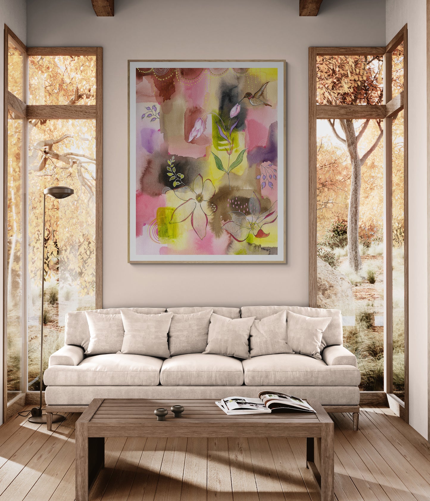 Hummingbird and Flowers - Art Print