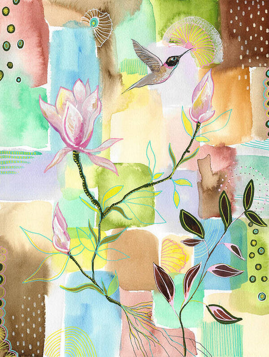 Pink Hummingbird and Magnolia Blossoms - Art Print