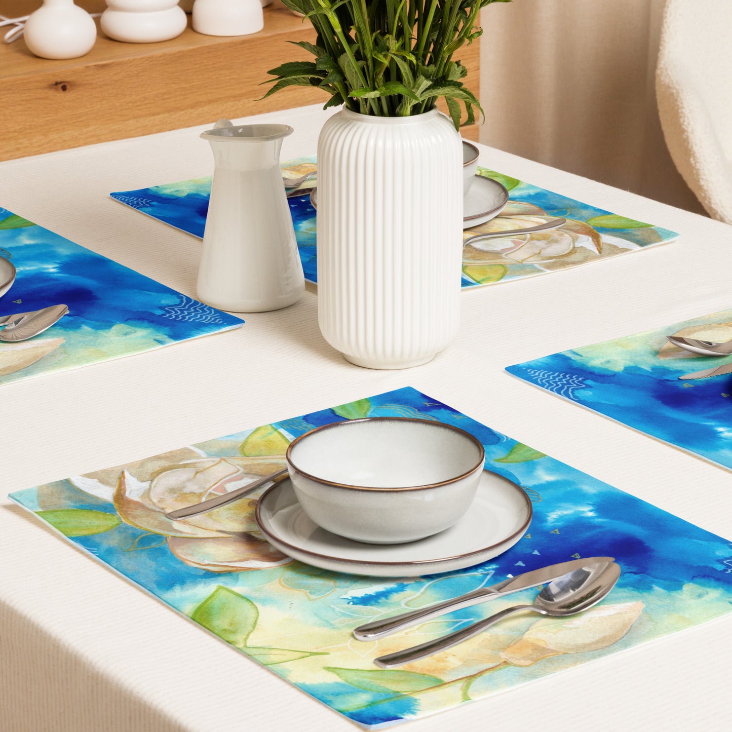 Magnolia in bloom Placemat Set - Aquamarine Design - Artistic Gifts for Women - Art by Artist Tania Herrera from Aquamarine Design Studio